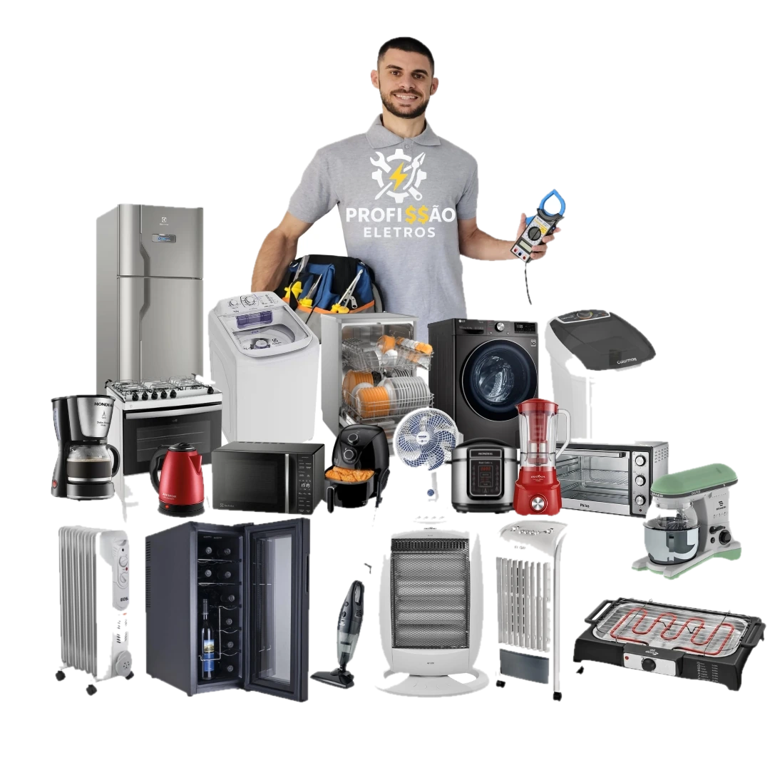 Instrutor do curso Profissão Eletrodomésticos com ferramentas e vários eletrodomésticos