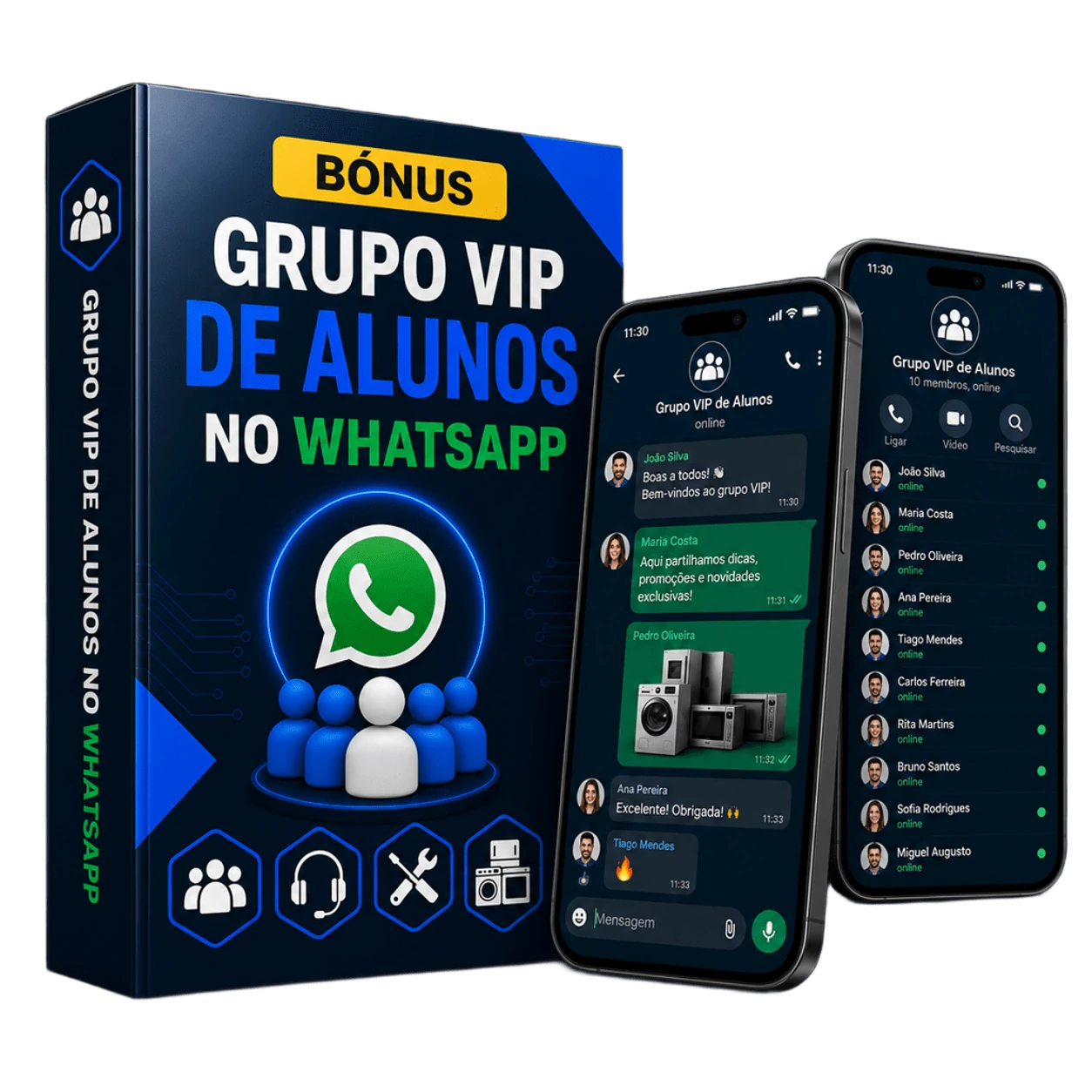 Mockup do bônus Grupo VIP de Alunos no WhatsApp